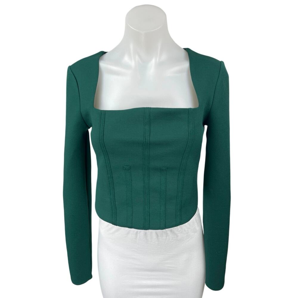 Zara Green Long Sleeve Cutout Back Square Neck Bustier Corset Crop Top Size M